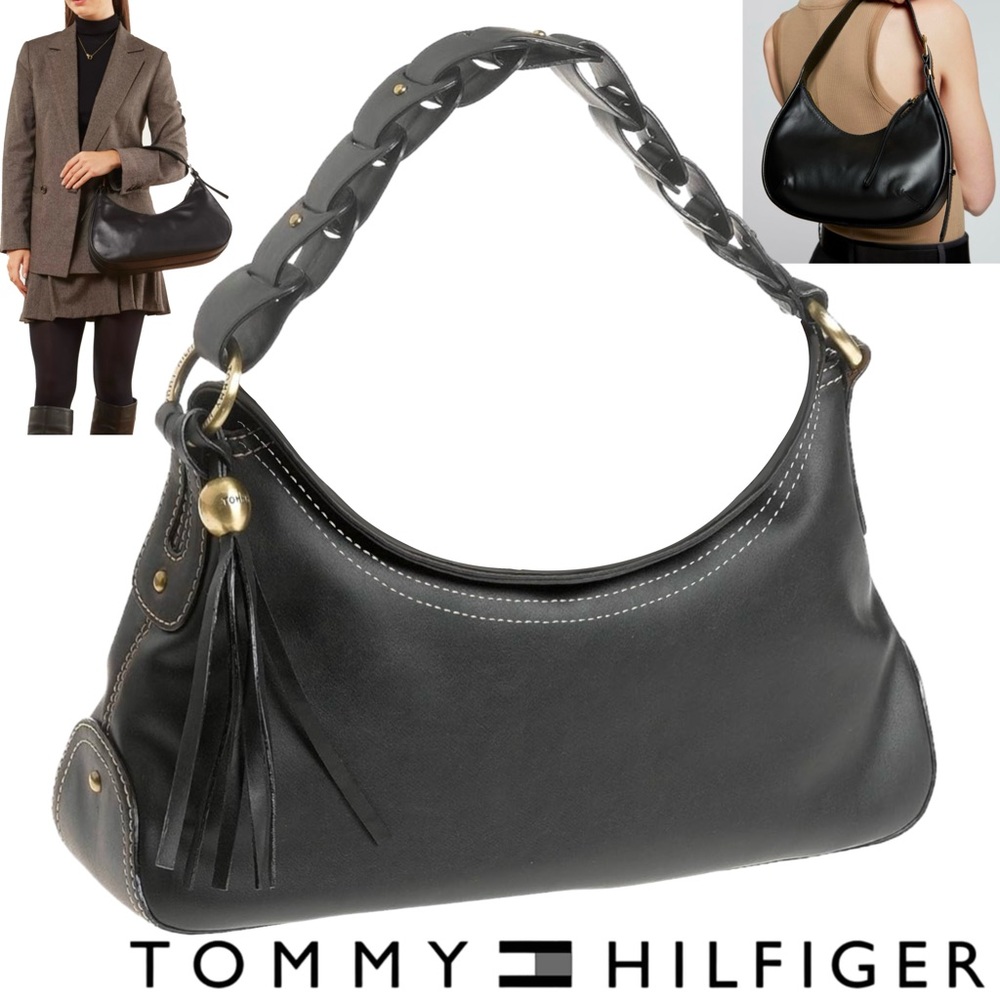 Tommy Hilfiger Small Black Leather Hand Bag Purse Braided Handle